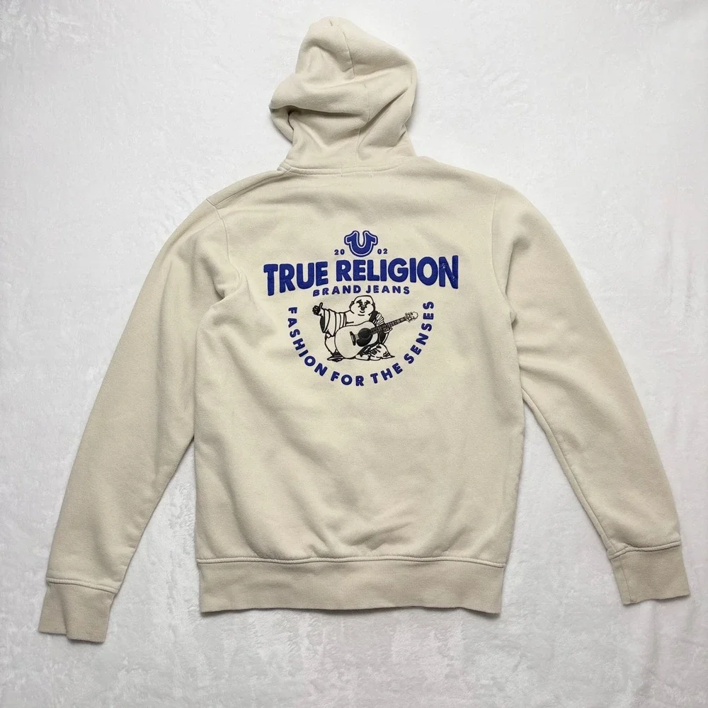 True Religion Mens Core Zip Up Hoodie Cream Buddha Graphic 105621R Large